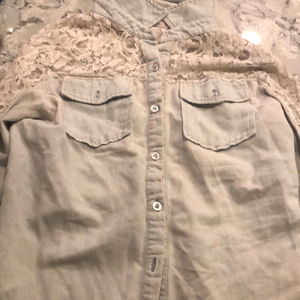 Denim and lace button up top